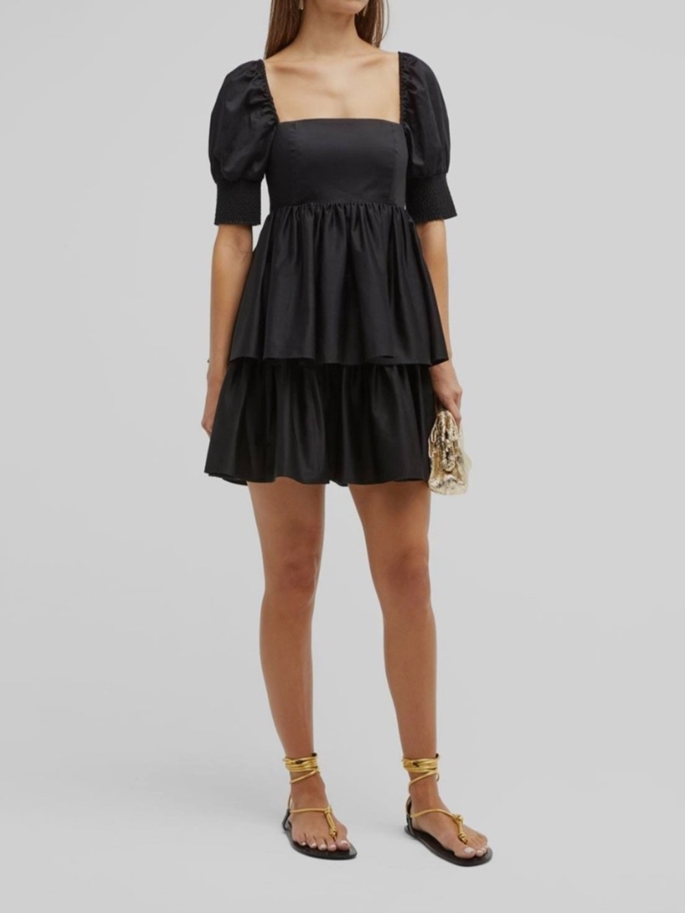 Alice + Olivia Women's Black Emmalou Puff-Sleeve Tiered Mini Dress Size 4